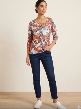 Onque Casual Paisley Colorful Knit Round Neck Top 3/4 Sleeve Size PS